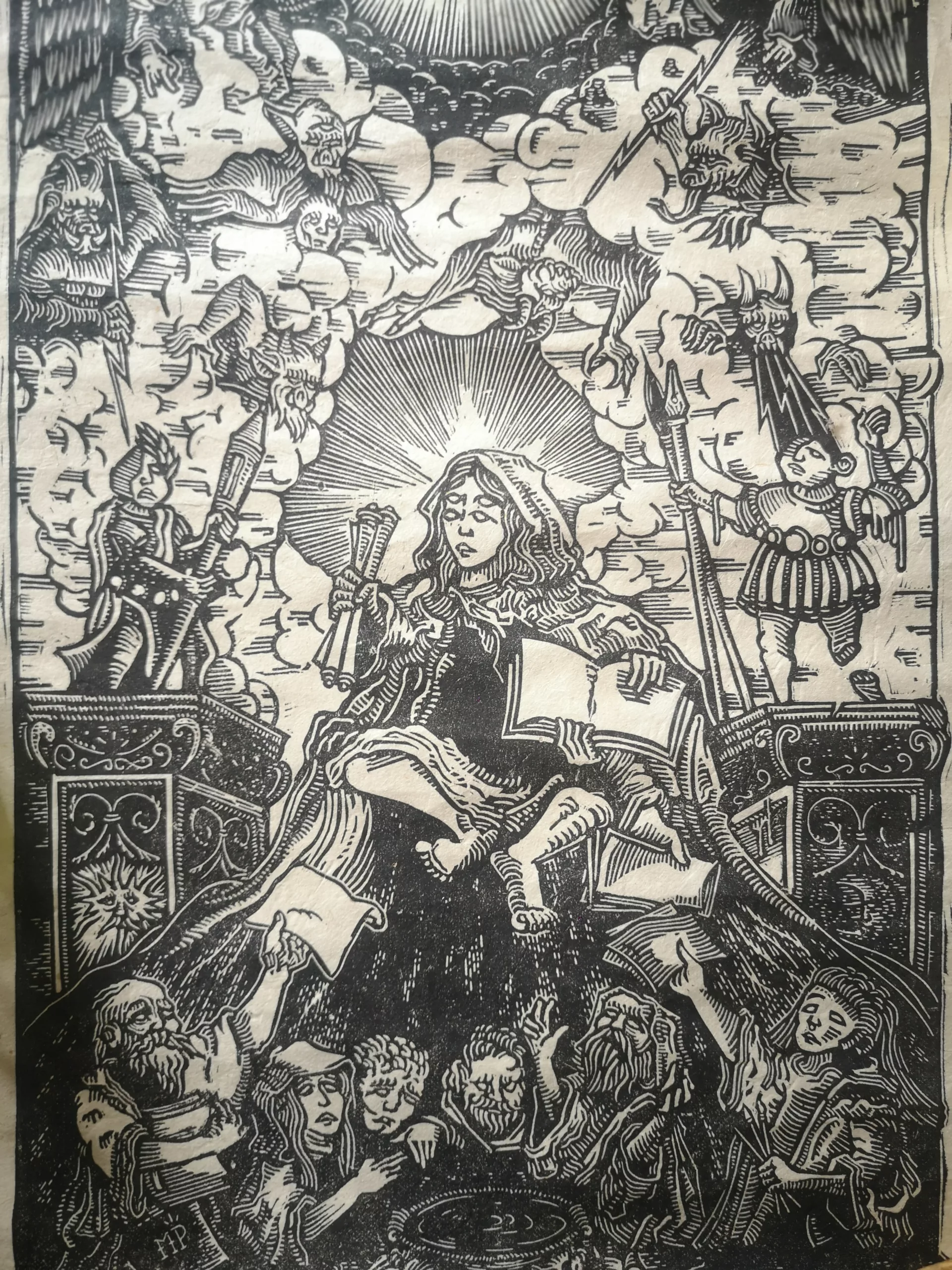 IMG_20240621_113507 Linogravure représentant une IA d'une manière médiévale imprimée sur papier haute qualité